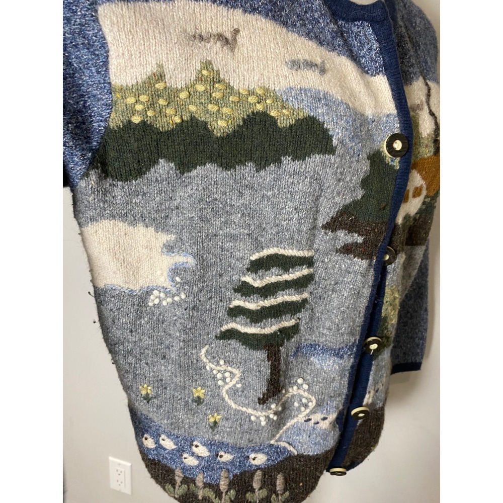 Caribbean Pacific Vintage 80s 90s Scenic Cottagecore Wool Silk Cardigan Blue L - Picture 4 of 8